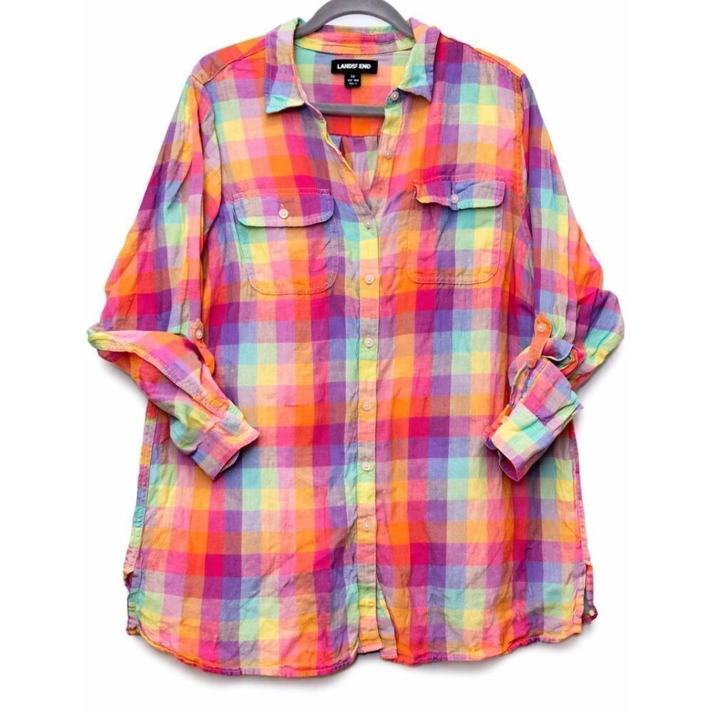 Lands end womens 1xl tab sleeve 100% linen shirt blouse plaid pink yellow